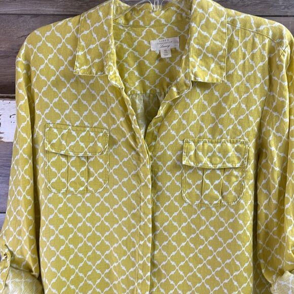 CHARTER CLUB Blouse XLarge Linen Geometric RollTab Sleeve Woven Top Shirt Yellow - Picture 7 of 8